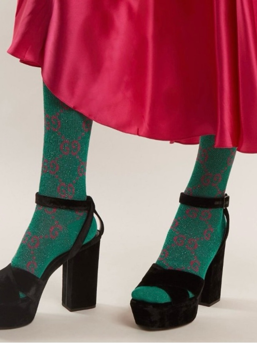 Limited Edition Gucci. Metallic Lamé Green & Pink Socks Knee Hight